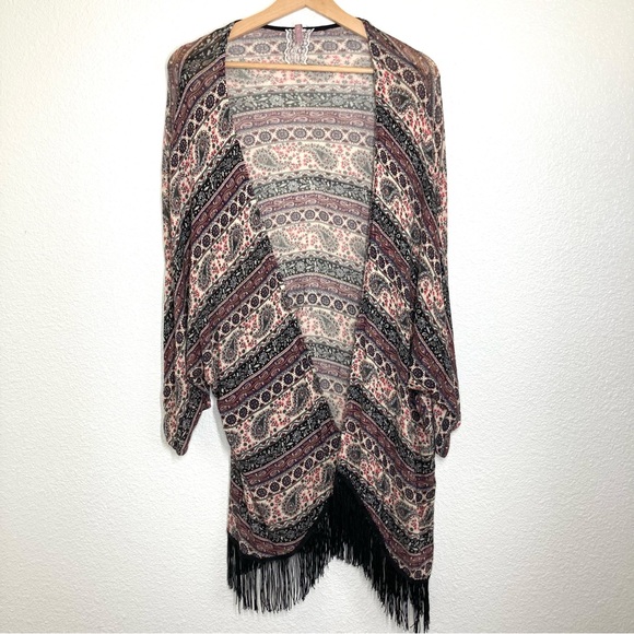 Mauve Anthropology Paisley Kimono Cardigan Medium Fringe Open Front Boho Brown - Picture 1 of 15